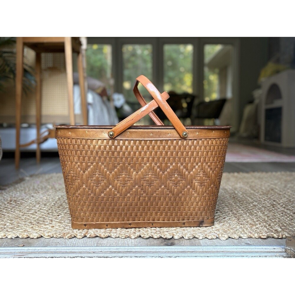 Vintage Redmon Picnic Basket with Metal Handles Woven with Geometric Lid MCM